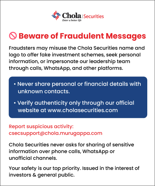 Chola Securities warning about fraudulent messages, calls, WhatsApp accounts and websites, with guidance to verify official channels.