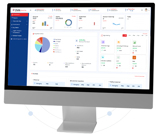 Chola Securities Partner First &mdash; desktop dashboard with revenue, clients and trading summary