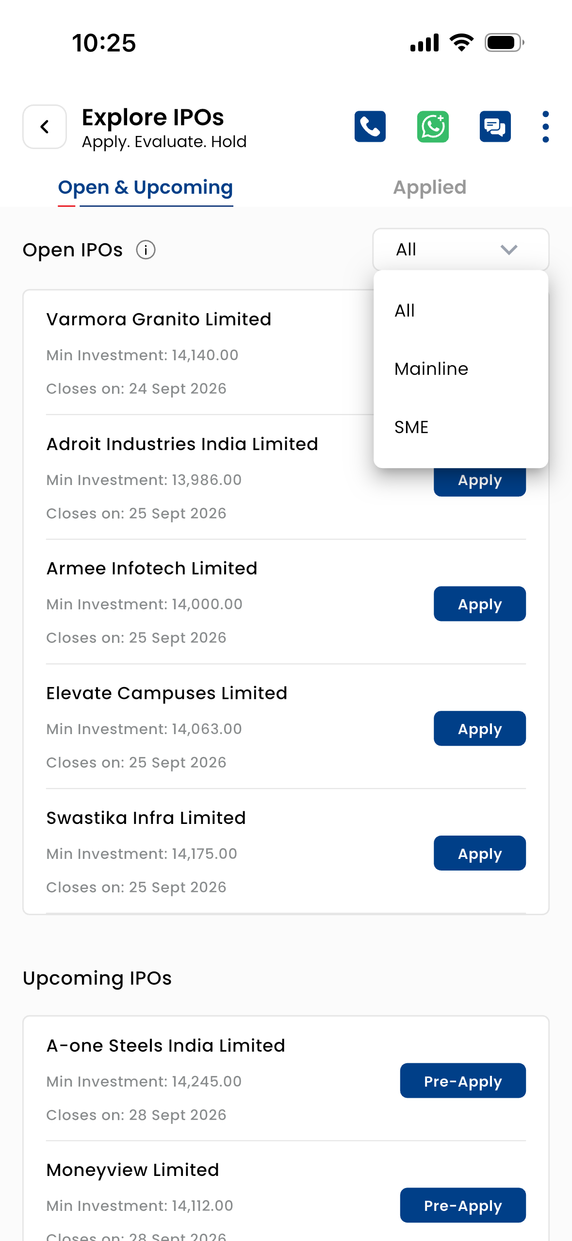Chola Securities app &mdash; Explore IPOs screen with open issues