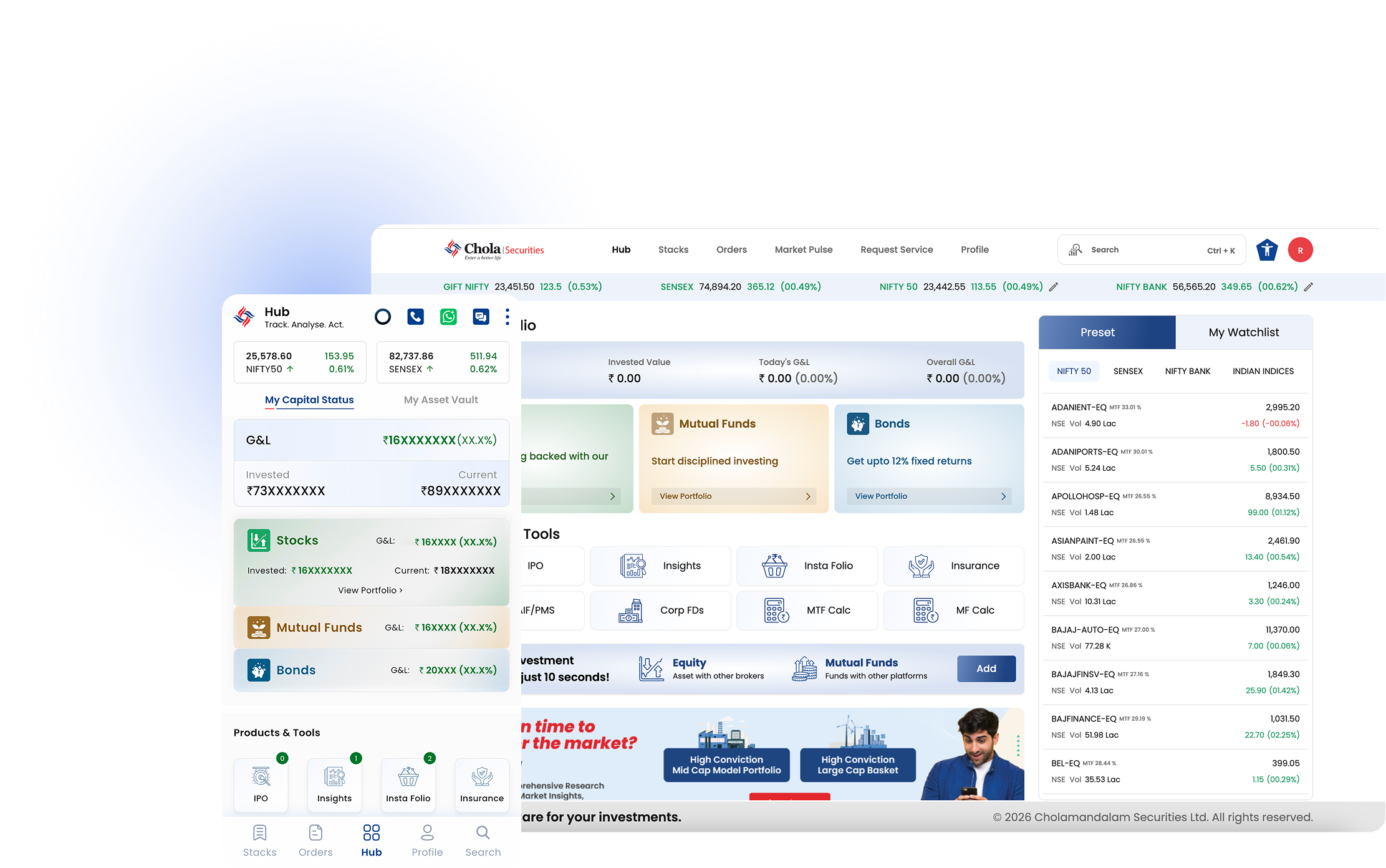 Chola Securities app &mdash; Hub portfolio view