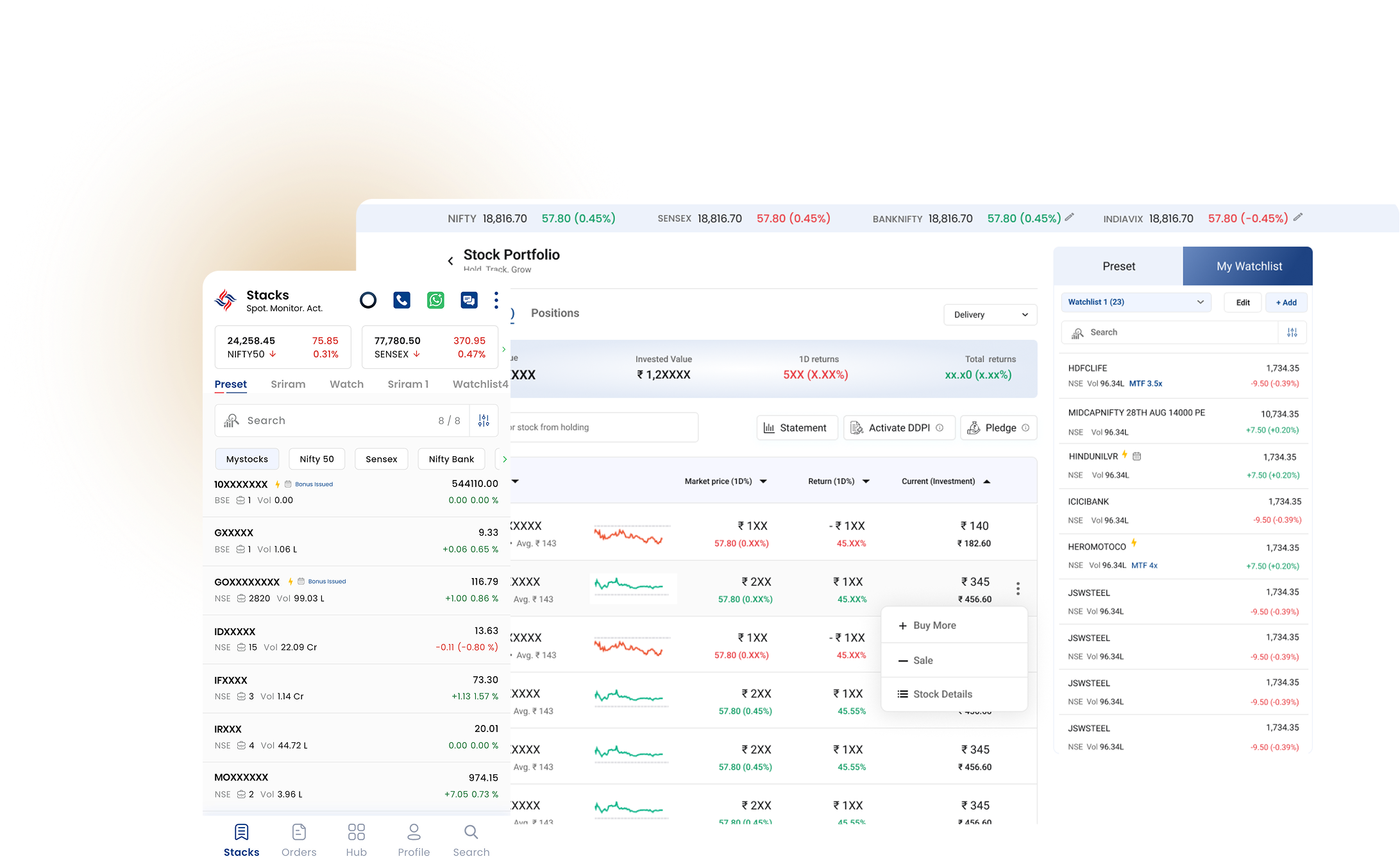 Chola Securities app &mdash; stock holdings split view